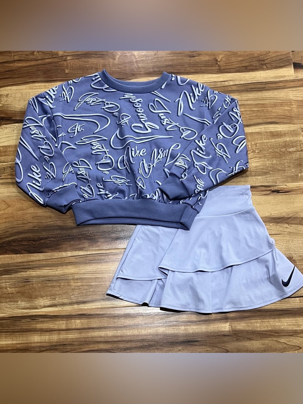 Nike Girls Lavender Script Sweatshirt and Layered Skort Set, New